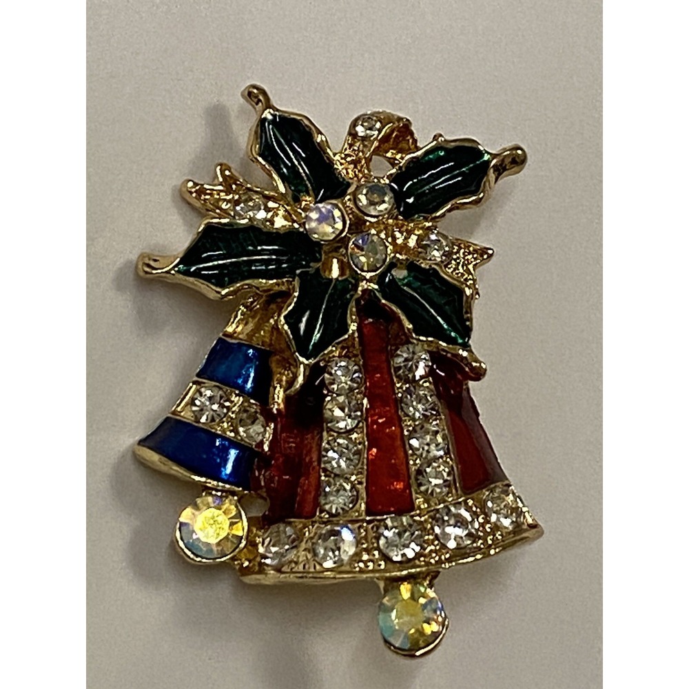 Enamel Green Poinsettia with Bells blue & Red Full of Rhinestones Brooch Pin New